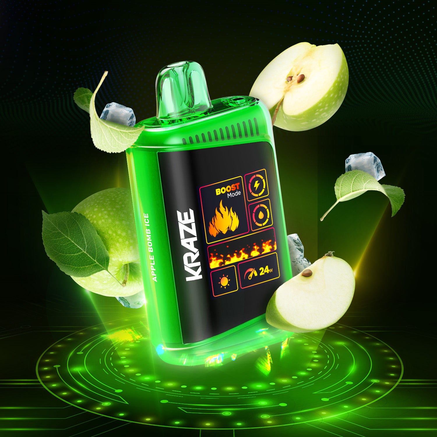 KRAZE HD Mega, Apple Bomb Ice flavour, refreshing crisp vape experience with adjustable nicotine levels, designed for Ontario and Quebec vapers.