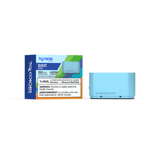 Z-Colors (Zpods) 15K Pod, Burst flavor, adjustable wattage with 4ml long-lasting capacity, customizable vaping experience for Ontario and Quebec users.