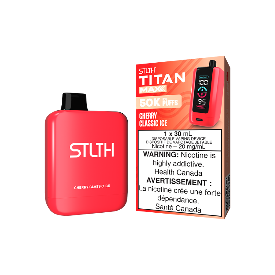 STLTH Titan MAX 50K disposable vape, Cherry Classic Ice flavour, quad mesh coil, mega screen, precise airflow, USB-C charging, long-lasting vape device for Ontario and Quebec users.