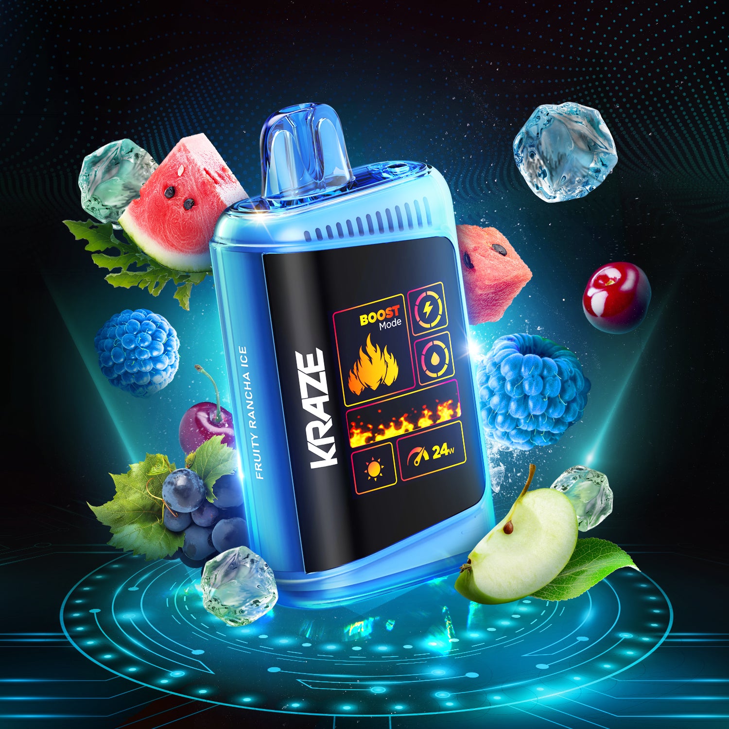 KRAZE HD Mega, Strawberry Burst Ice flavour, adjustable airflow, 800mAh rechargeable battery, designed for sustained vaping enjoyment in Ontario and Quebec.