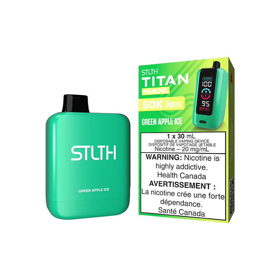 STLTH Titan MAX 50K, Green Apple Ice flavour, adjustable airflow and mega screen for enhanced vaping performance, ideal for Ontario and Quebec vapers.