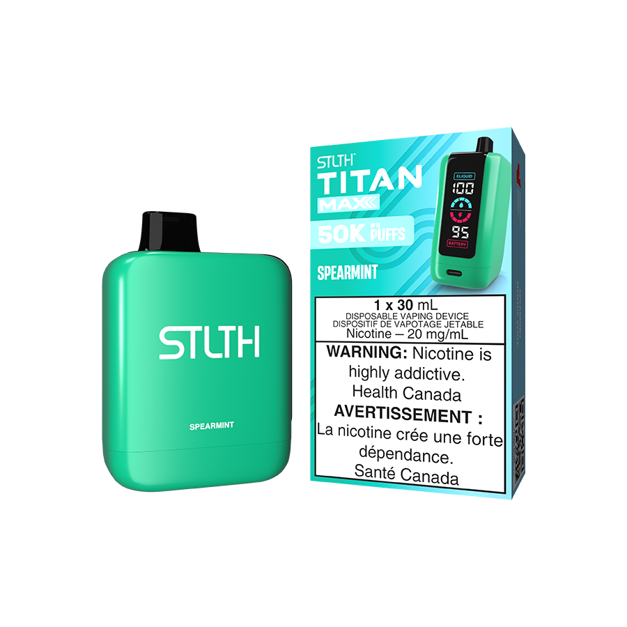 STLTH Titan MAX 50K disposable vape, Spearmint flavour, adjustable airflow, LED mega screen, long-lasting battery, ideal for vapers in Ontario and Quebec.