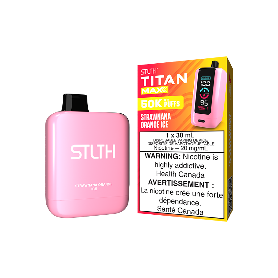 STLTH Titan MAX 50K, Strawnana Orange Ice flavour, advanced airflow control and LED battery indicator, premium disposable vape device designed for Ontario and Quebec vapers.