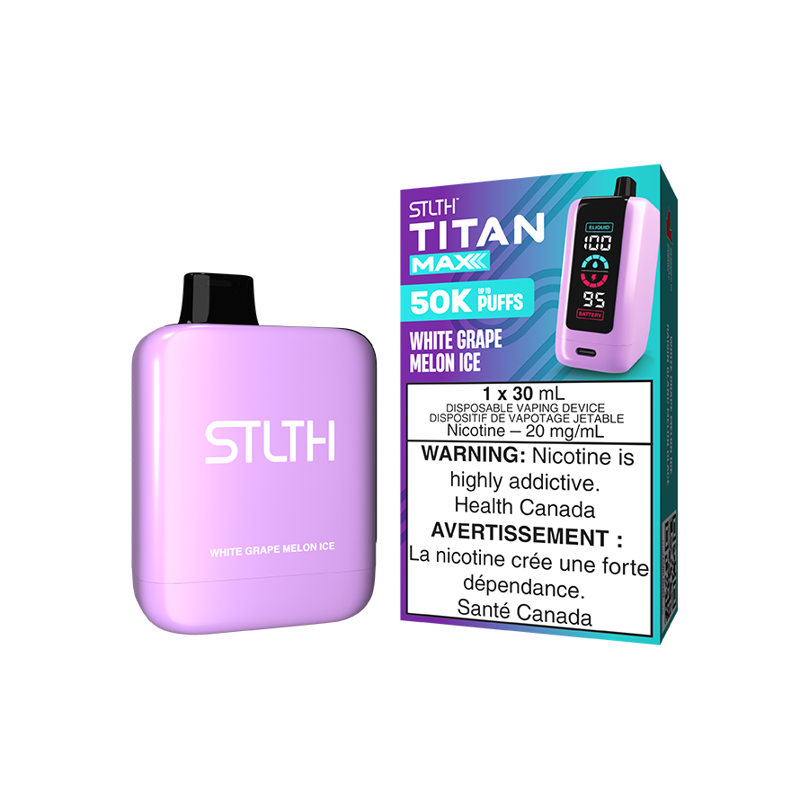 STLTH Titan MAX 50K, White Grape Melon Ice flavour, 30ml e-liquid with refreshing taste, quad mesh coil and adjustable airflow for superior vaping satisfaction, designed for Ontario and Quebec users.