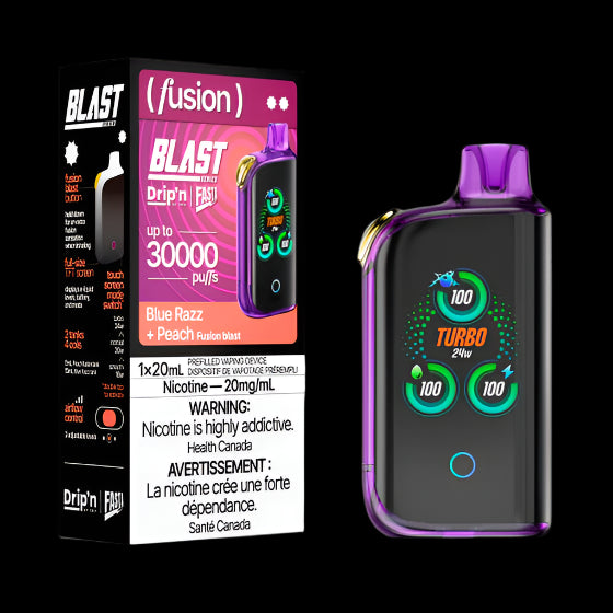 DRIP'N vape fasta blast 30K (Fusion) Blue Razz + Peach – premium disposable vape pod with icy ejuice flavor, popular in Hawkesbury, Ottawa, and across Ontario.