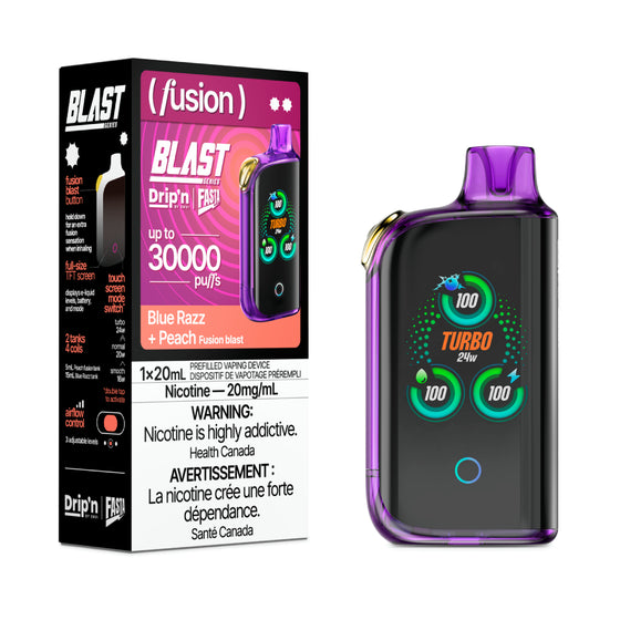 DRIP'N vape fasta blast 30K (Fusion) Blue Razz + Peach – premium disposable vape pod with icy ejuice flavor, popular in Hawkesbury, Ottawa, and across Ontario.