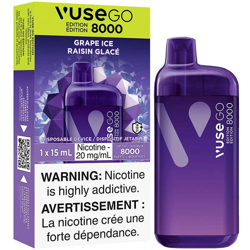 VUSE Go 8000, Spearmint Ice flavour, advanced ceramic heating coil delivering up to 8000 smooth and consistent puffs, disposable vape device ideal for Ontario and Quebec users.