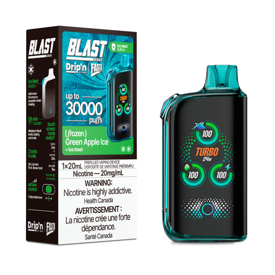 DRIP'N Fasta Blast 30K, Green Apple Ice flavour with adjustable cooling and nicotine options, fresh crisp taste and smooth vape performance, disposable vape device ideal for Ontario and Quebec vapers.