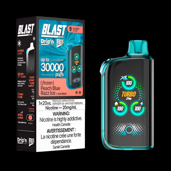 DRIP'N vape fasta blast 30K Peach Blue Razz Ice – premium disposable vape pod with icy ejuice flavor, popular in Hawkesbury, Ottawa, and across Ontario.
