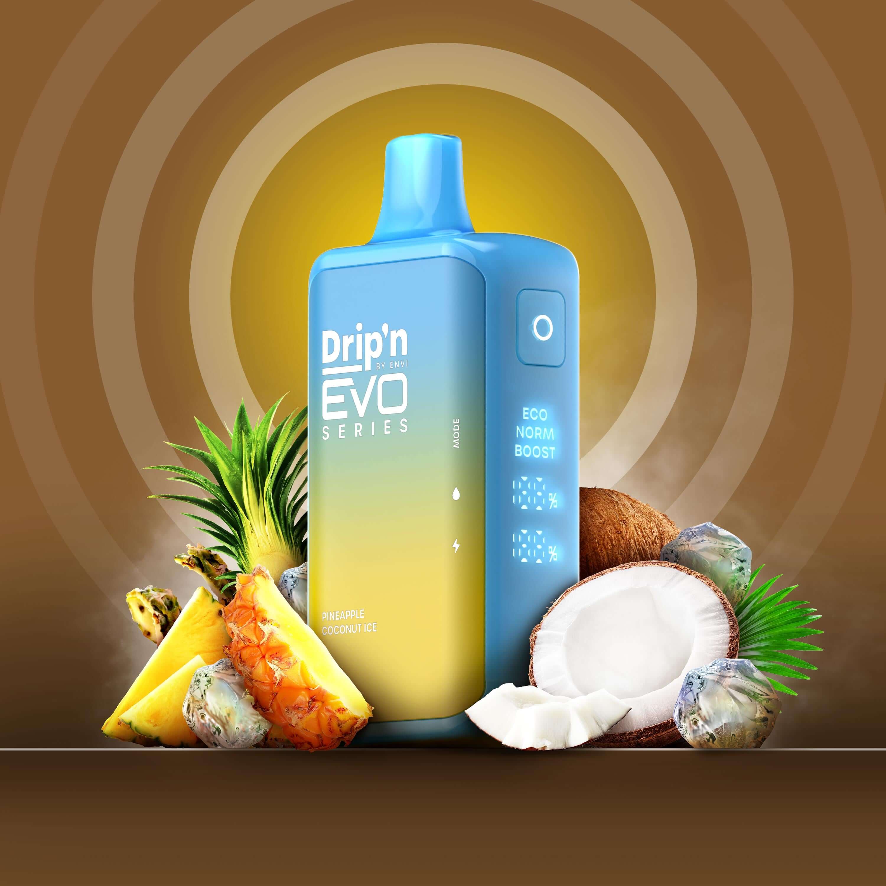 DRIP'N Evo 28K, Raspberry Peach Mango Ice flavour, up to 28,000 puffs with three vaping modes, high-performance disposable vape, perfect for Ontario and Quebec vape enthusiasts.