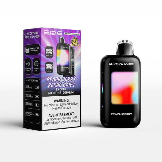 SKE AURORA 45K, Sour Strawberry flavour, intense tangy strawberry with a perfect sour kick, long-lasting disposable vape, designed for Ontario and Quebec vapers.