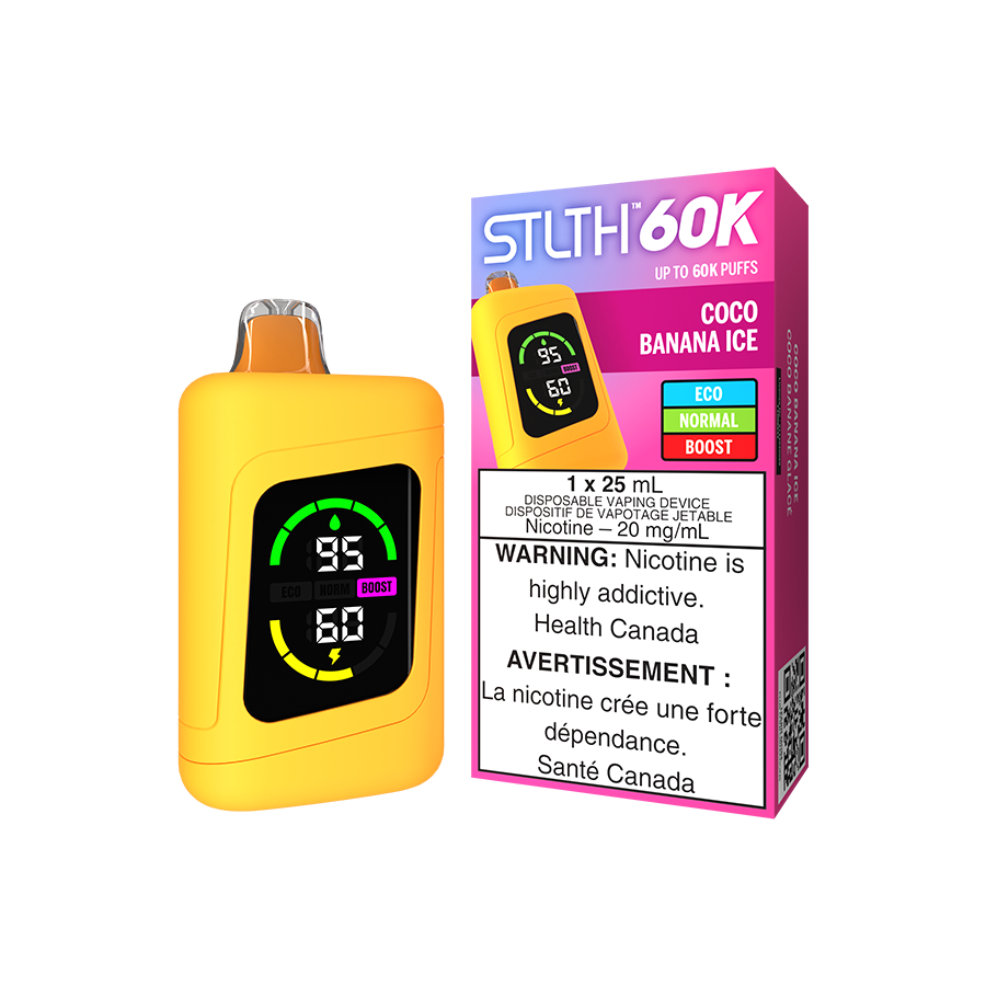 STLTH 60K disposable vape, Coco Banana Ice flavour, upgraded screen with USB Type-C recharge, premium nicotine device for Ontario and Quebec vapers.