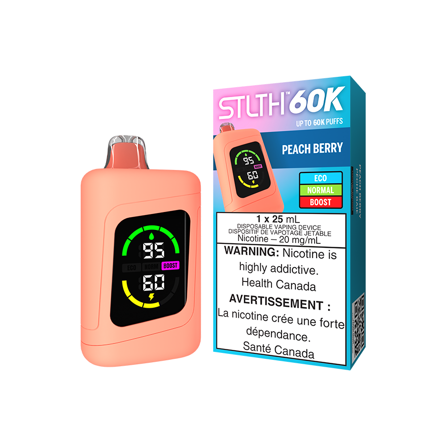 STLTH 60K, Peach Berry flavour disposable vape with fast USB Type-C charging, reliable performance, ideal for Ontario and Quebec vape users.