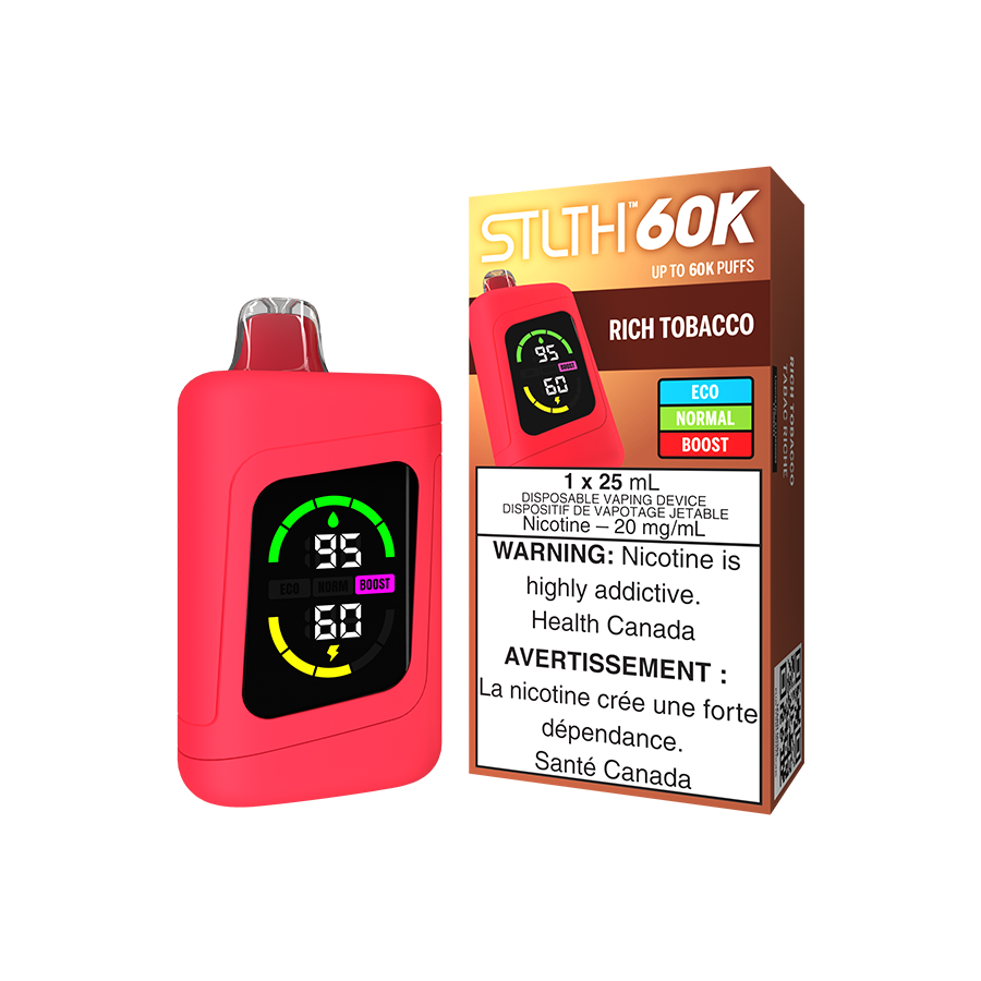 STLTH 60K, Rich Tobacco flavour, premium disposable vape with enhanced screen display and USB Type-C fast charging, ideal for Ontario and Quebec vapers.