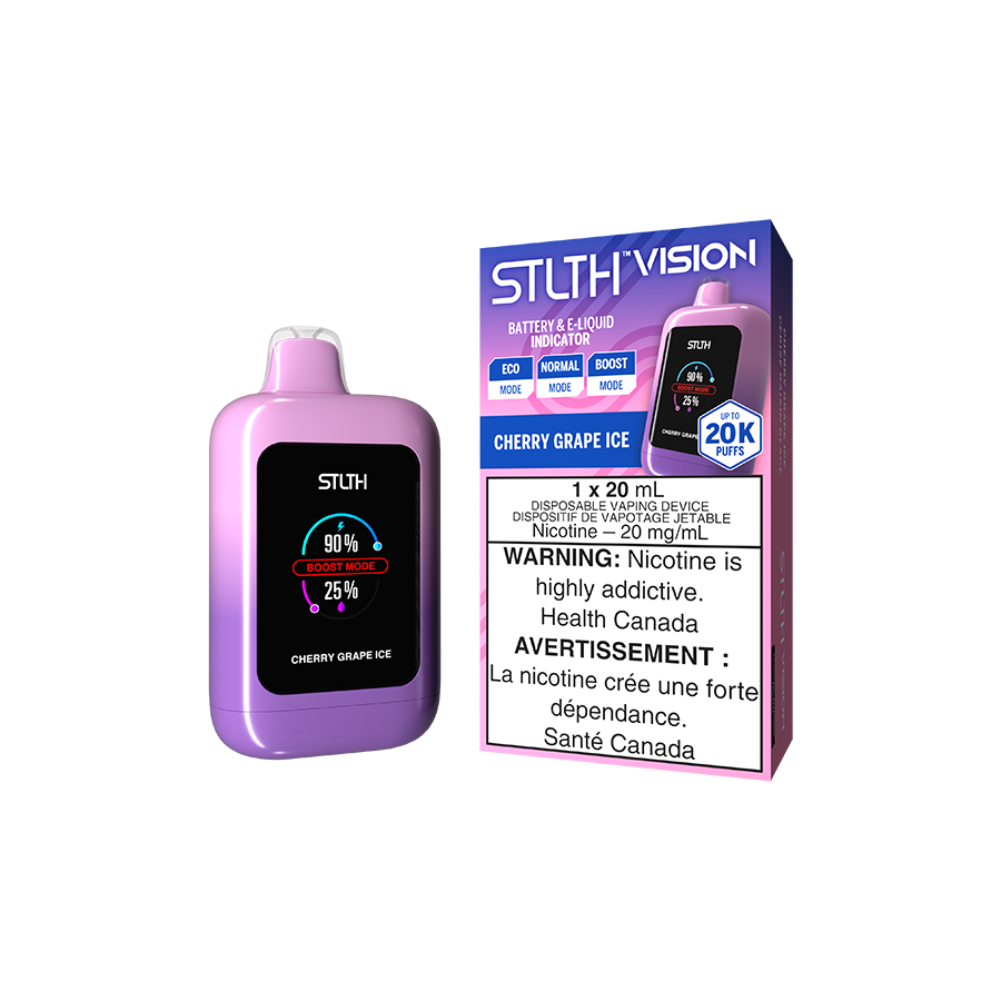 STLTH Vision 20K Cherry Grape Ice flavour disposable vape with adjustable airflow, up to 20,000 puffs, durable and great-tasting, perfect for vapers in Ontario and Quebec.