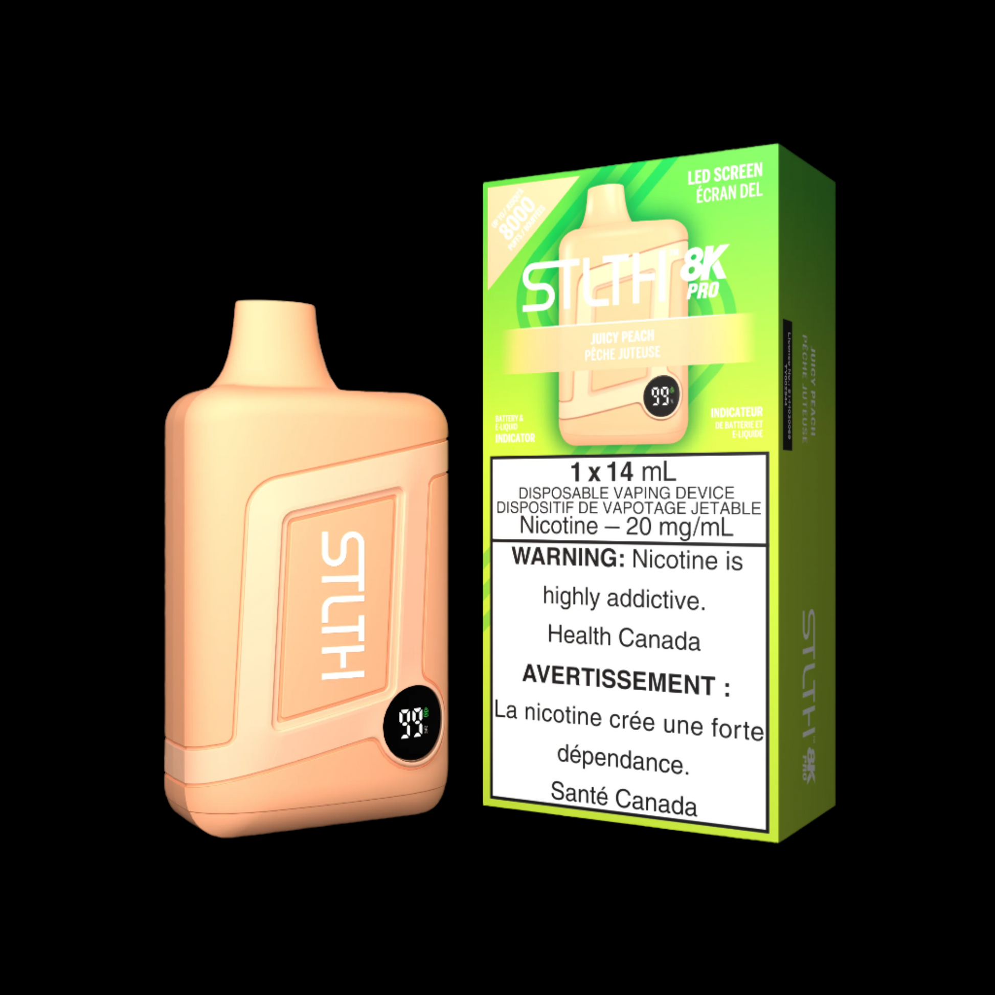 Disposable Vape STLTH 8K Pro: Juicy Peach Nicotine Strength: 20mg STLTH 8K PRO | Supa Vapes - Hawkesbury, Ottawa & Ontario Vape Shop