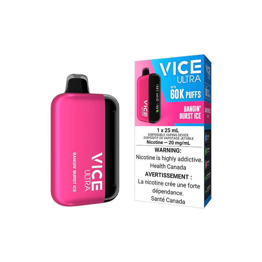 VICE Ultra vape device, Bangin' Burst Ice flavour, 60,000 puffs capacity, USB Type-C rechargeable, customizable output modes, powerful and flavorful vaping experience for Ontario and Quebec users.