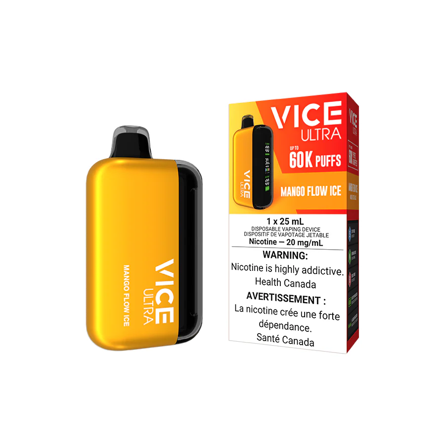 VICE Ultra Mango Flow Ice flavour vape device, 60,000 puffs rechargeable battery, adjustable airflow, multiple output modes for personalized vaping experience in Ontario and Quebec.