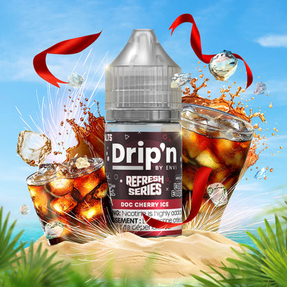 DRIP'N Refresh Series Salt 30mL Canada with tropical drink backdrop and ice cubes, featuring Doc Cherry Ice flavor.