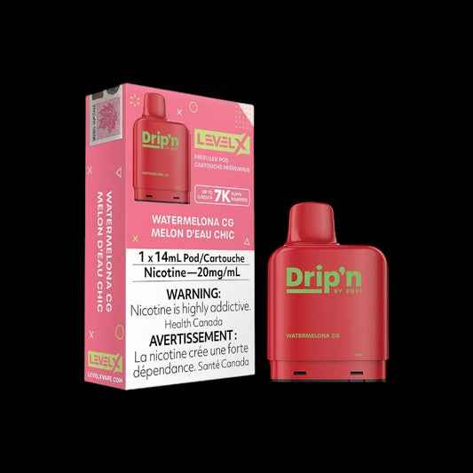 Drip’n Level X Pods by Envi 7k, Watermelon CG flavour, rechargeable 14mL premium e-liquid pod offering up to 7,000 smooth puffs, designed for Ontario and Quebec vapers.