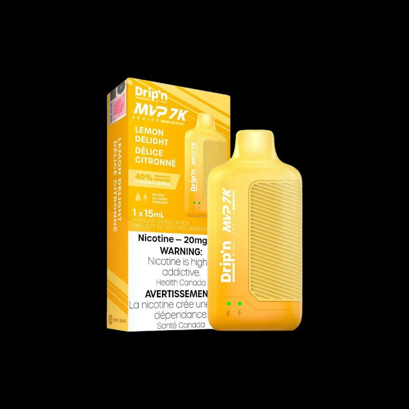 Drip’n MVP 7K Disposable, Lemon Delight flavour, up to 7,000 puffs with rechargeable battery, disposable vape device ideal for Ontario and Quebec vapers clearance sale.