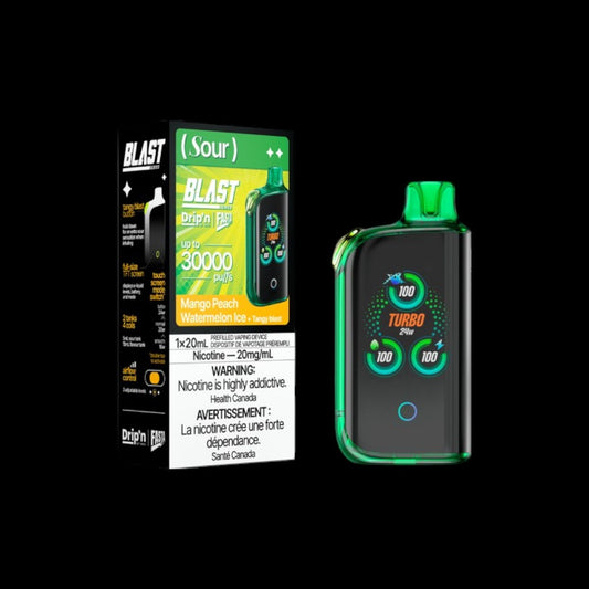 DRIP'N Fasta Blast 30K Sour Series, Sour Blue Razz Ice flavour disposable vape with 30,000 puffs, adjustable cooling, dual tanks, designed for Ontario and Quebec vapers.