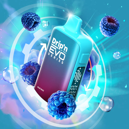 Dripn EVO 63K 20mg Blue Razz Drip'n EVO Series vape device surrounded by blueberries on a colorful background