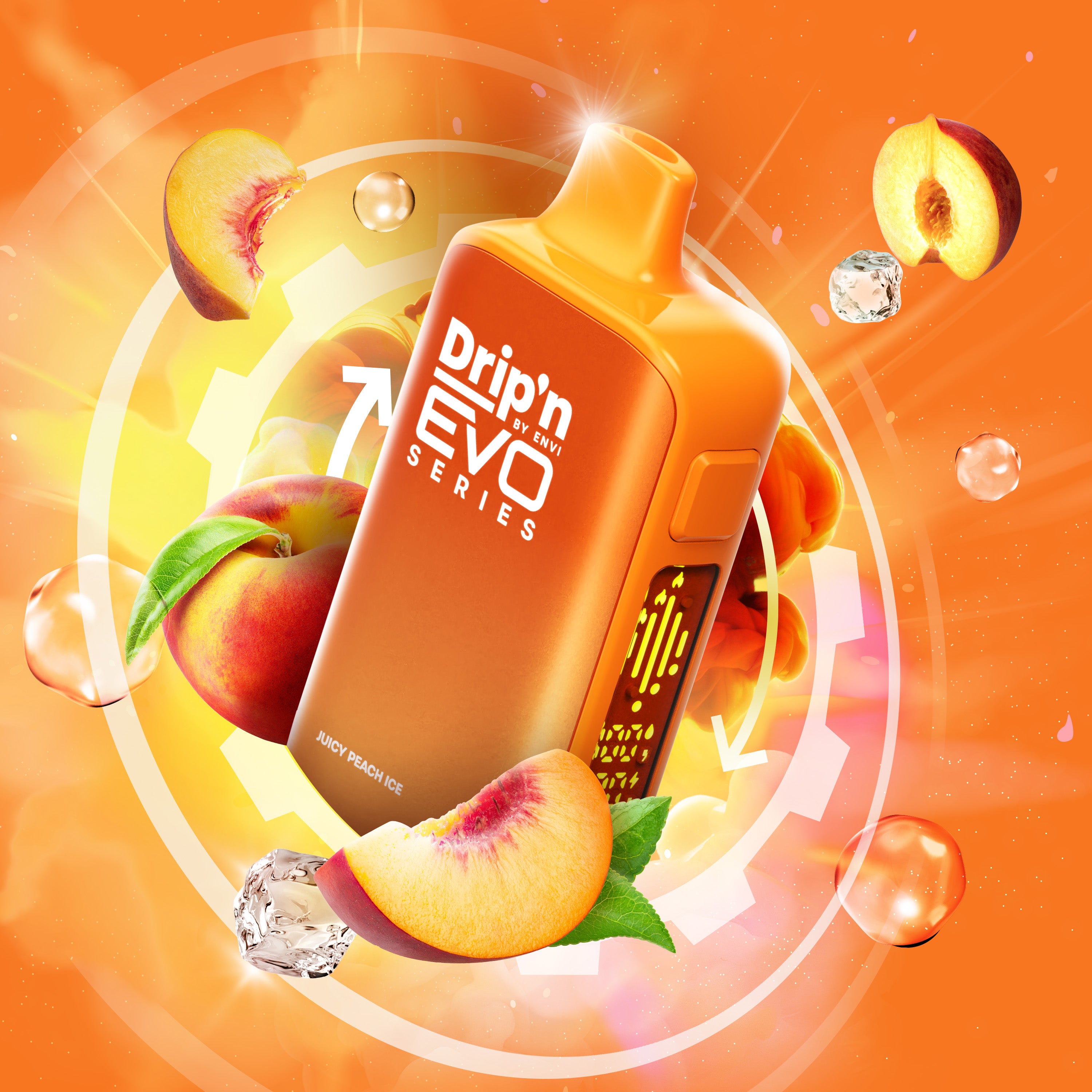 Dripn EVO 63K 20mg Juicy Peach Ice vape device with peach slices and ice cubes on an orange background