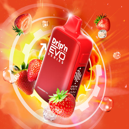 Dripn EVO 63K 20mg Strawberry Ice vape device with strawberries on a vibrant orange background