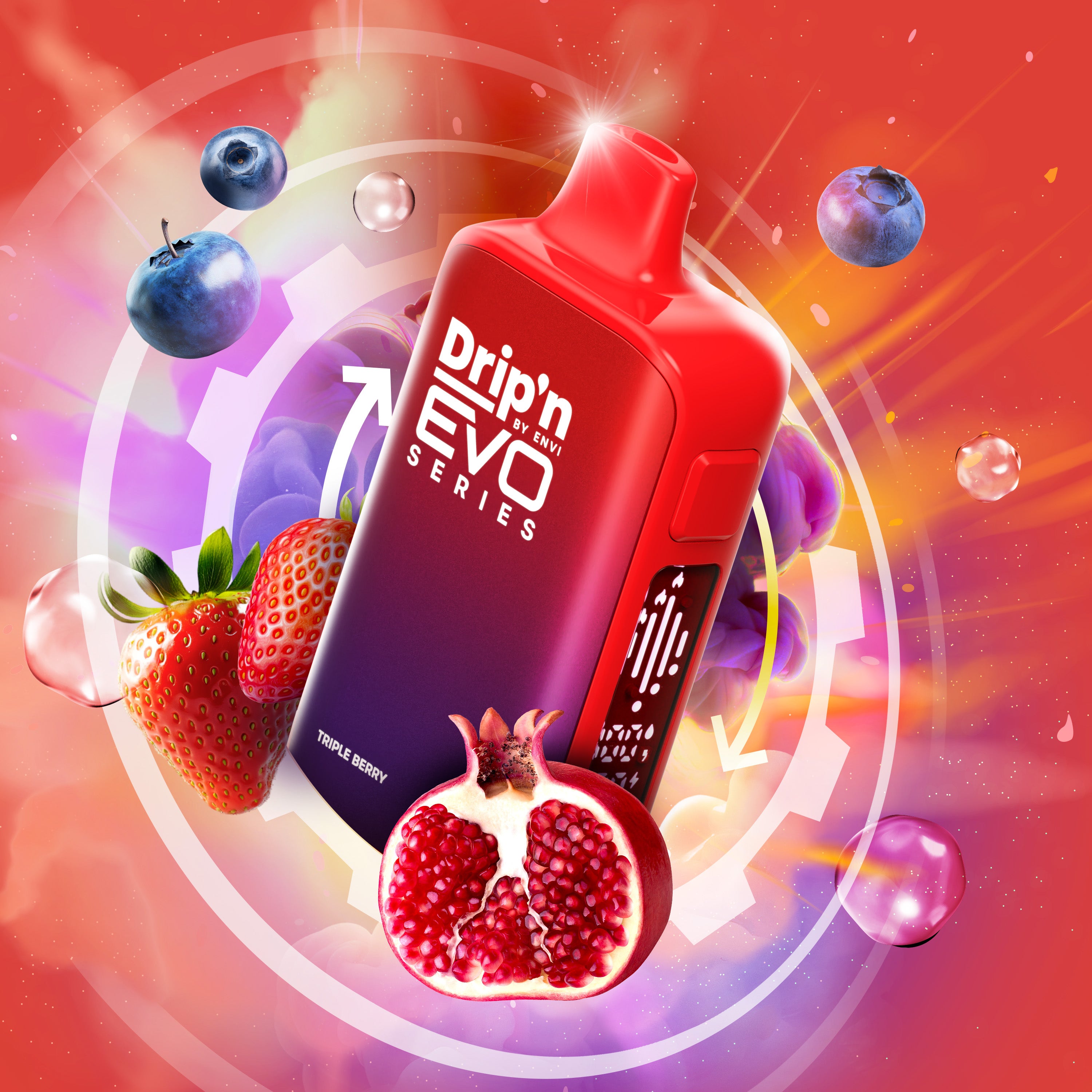 Dripn EVO 63K 20mg Triple Berry 'Drip'n Evo' vape device with fruit graphics on a colorful background