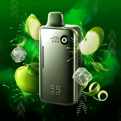 Flavor Beast ALPHA 20mg Atomic Apple Iced with green apples and ice cubes on a green background