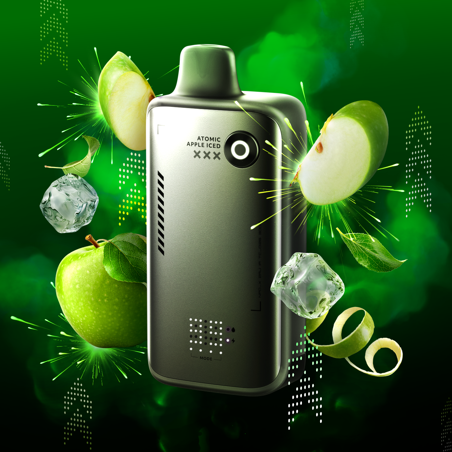 Flavor Beast ALPHA 20mg Atomic Apple Iced with green apples and ice cubes on a green background