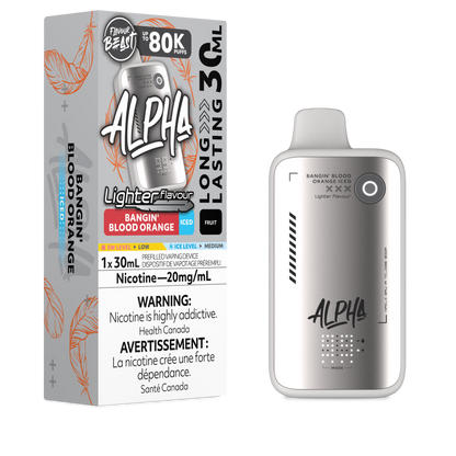 Flavour Beast Alpha LIGHT 80K disposable vape in Banging Blood Orange Iced flavour, 80,000 puffs, 20mg salt nicotine, available at Supa Vapes Canada.