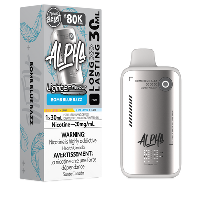 Flavour Beast Alpha LIGHT 80K disposable vape in Bomb Blue Razz flavour, 80,000 puffs, 20mg salt nicotine, available at Supa Vapes Canada.