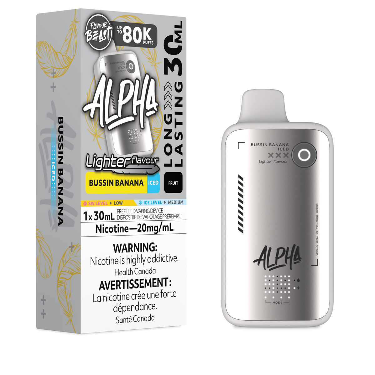 Flavour Beast Alpha LIGHT 80K disposable vape in Bussin Banana Iced flavour, 80,000 puffs, 20mg salt nicotine, available at Supa Vapes Canada.
