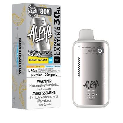Flavour Beast Alpha LIGHT 80K disposable vape in Bussin Banana Iced flavour, 80,000 puffs, 20mg salt nicotine, available at Supa Vapes Canada.