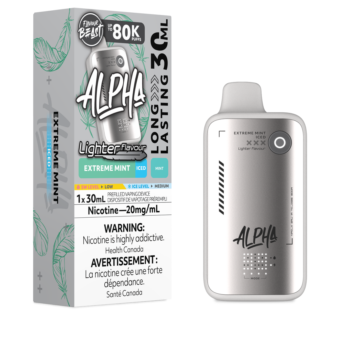 Flavour Beast Alpha LIGHT 80K disposable vape in Extreme Mint Iced flavour, 80,000 puffs, 20mg salt nicotine, available at Supa Vapes Canada.