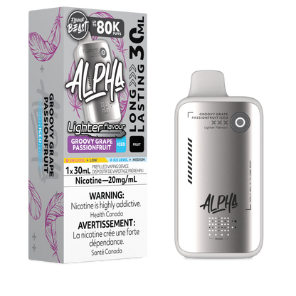 Flavour Beast Alpha LIGHT 80K disposable vape in Groovy Grape Passion Fruit Iced flavour, 80,000 puffs, 20mg salt nicotine, available at Supa Vapes Canada.