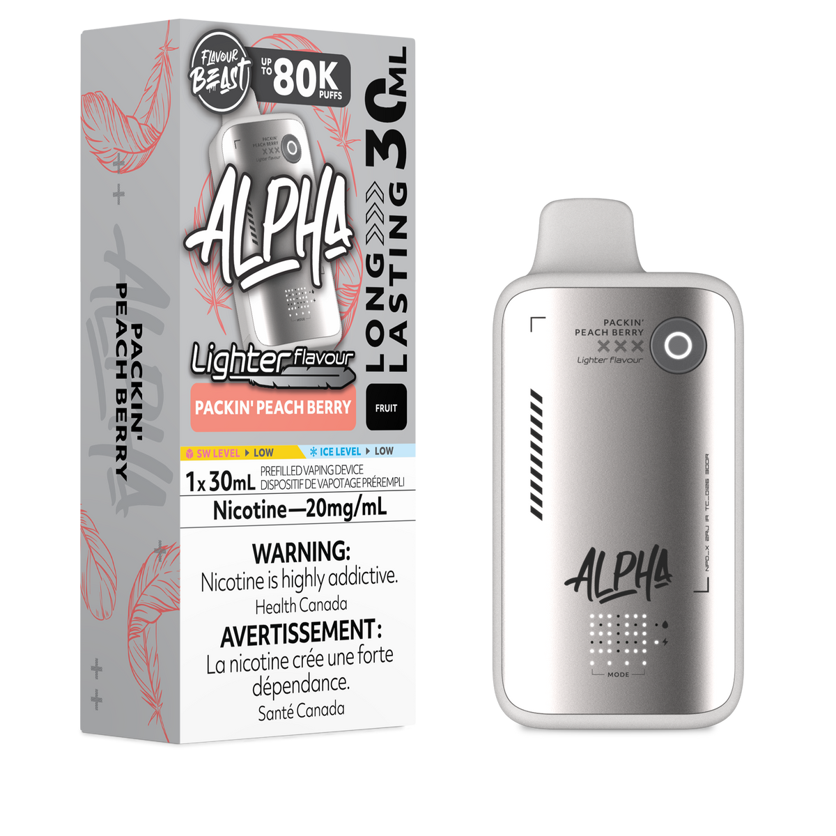 Flavour Beast Alpha LIGHT 80K disposable vape in Packin Peach Berry flavour, 80,000 puffs, 20mg salt nicotine, available at Supa Vapes Canada.