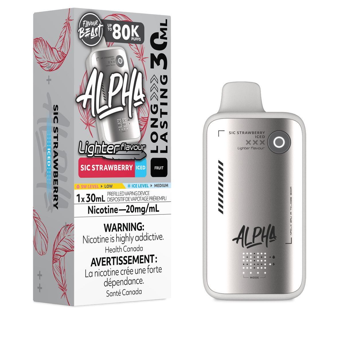 Flavour Beast Alpha LIGHT 80K disposable vape in Sick Strawberry Iced flavour, 80,000 puffs, 20mg salt nicotine, available at Supa Vapes Canada.