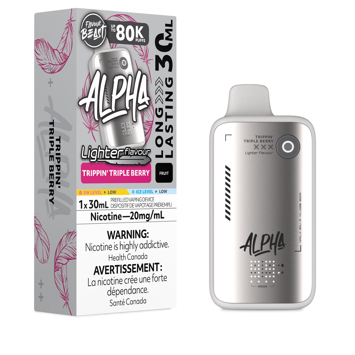 Flavour Beast Alpha LIGHT 80K disposable vape in Trippin Triple Berry flavour, 80,000 puffs, 20mg salt nicotine, available at Supa Vapes Canada.