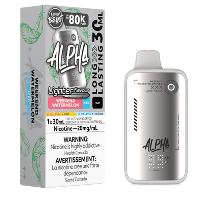 Flavour Beast Alpha LIGHT 80K disposable vape in Weekend Watermelon Iced flavour, 80,000 puffs, 20mg salt nicotine, available at Supa Vapes Canada.