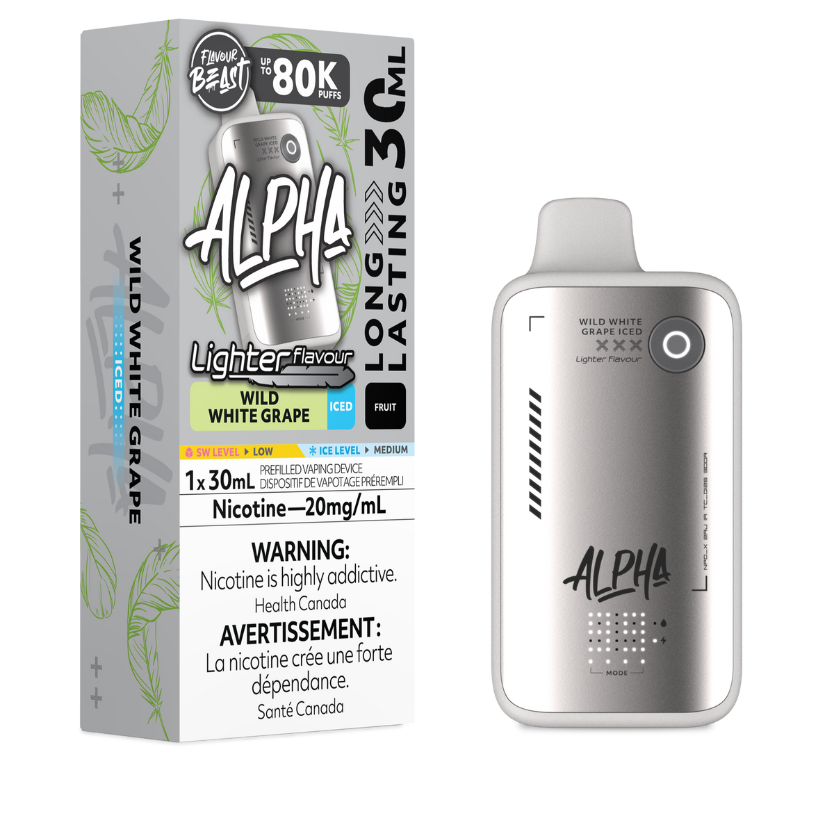 Flavour Beast Alpha LIGHT 80K disposable vape in Wild White Grape Iced flavour, 80,000 puffs, 20mg salt nicotine, available at Supa Vapes Canada.