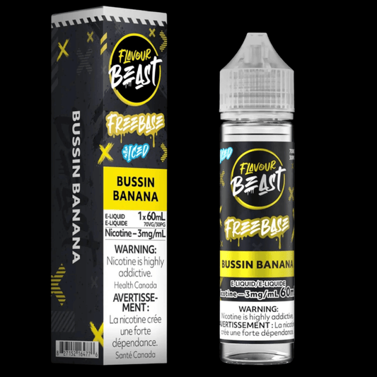 Flavour Beast E-Liquid Freebase Iced, Bussin Banana Iced flavour, 60mL bottle with smooth 3mg nicotine strength, balanced vapor and sweet icy notes, ideal for Ontario and Quebec vapers.