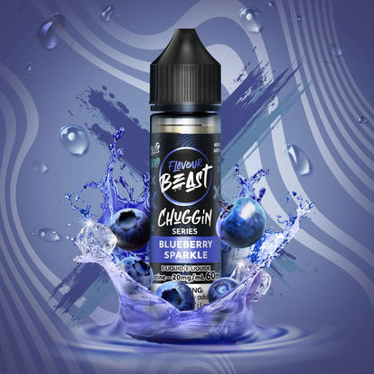 Flavour Beast Chuggin' Blueberry Sparkle vape juice bottle with blueberries and water splash on a blue background
