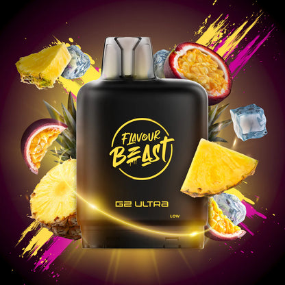 Flavour Beast Level X G2 Ultra Pod displayed with fruits like pineapple and passionfruit for a vibrant vaping experience.