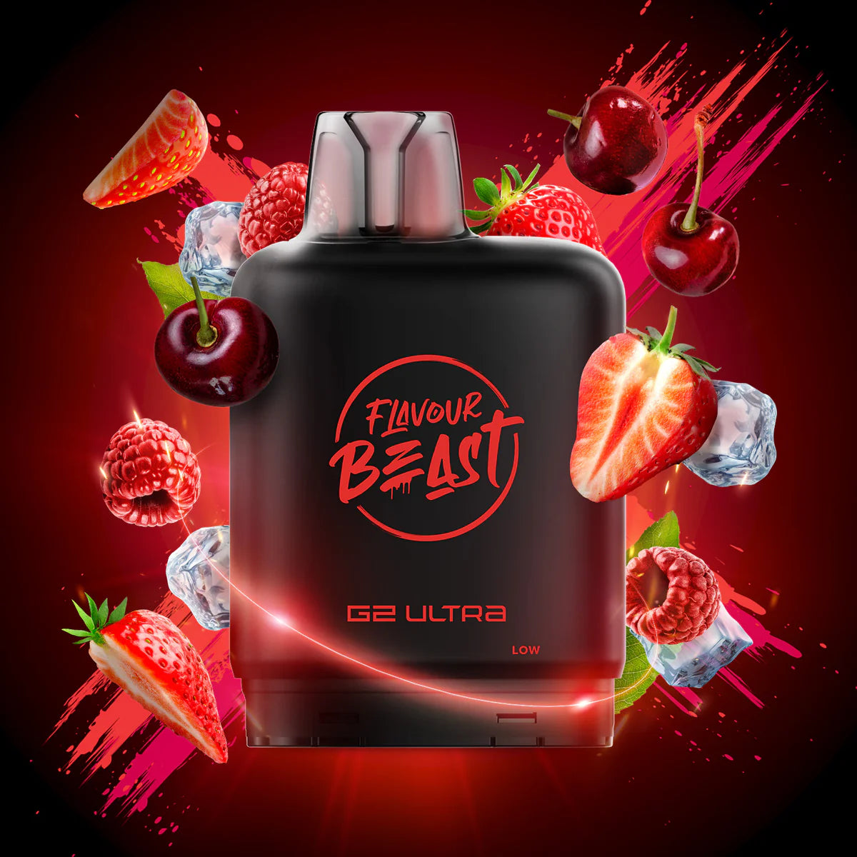 Flavour Beast Level X G2 Ultra Pod featuring a black design with fruits on a vibrant background.