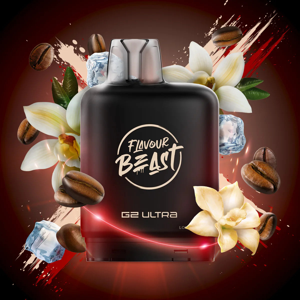 Flavour Beast Level X G2 Ultra Pod with floral and coffee elements, showcasing vibrant flavors and design.