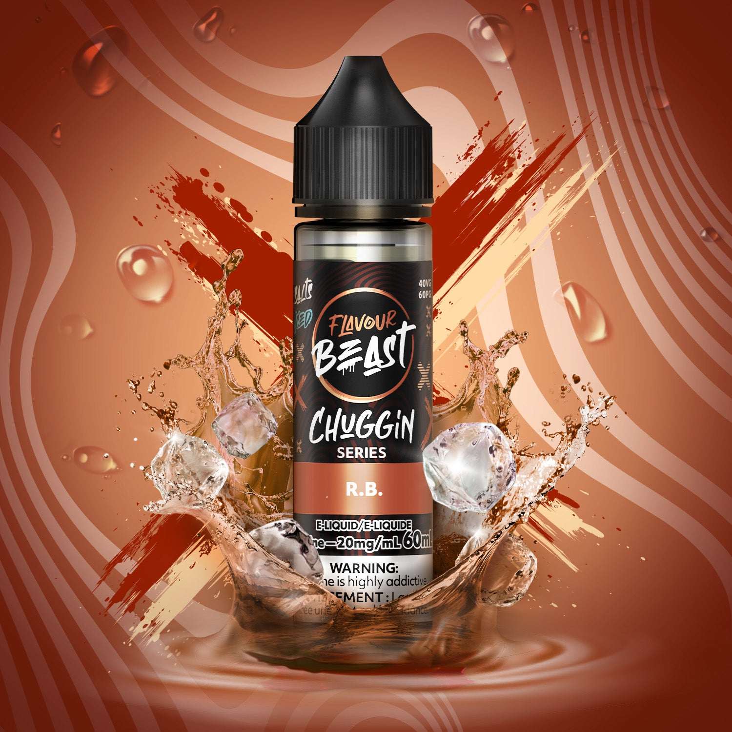 Flavour Beast Chuggin' Series R.B. vape juice bottle with ice cubes and liquid splashes on a brown background