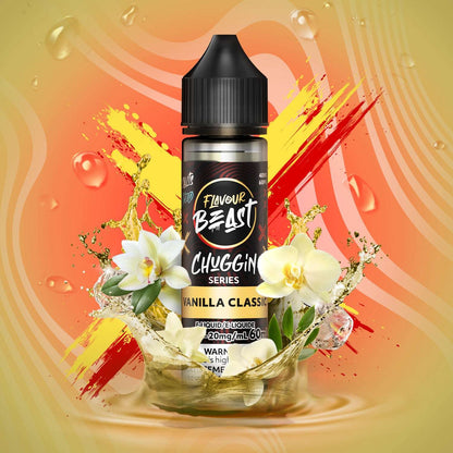 Flavour Beast Chuggin' Series Vanilla Classic vape juice bottle with floral elements on a colorful background
